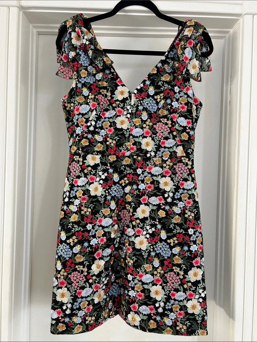 Eliza J Embroidered Floral Fit & Flare Dress Pockets Black 6P